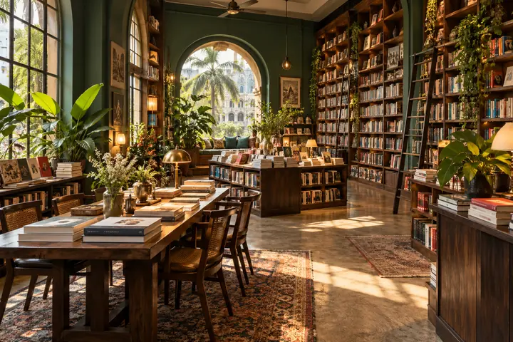 Illustrative independent bookshop with warm wood shelves and a reading table