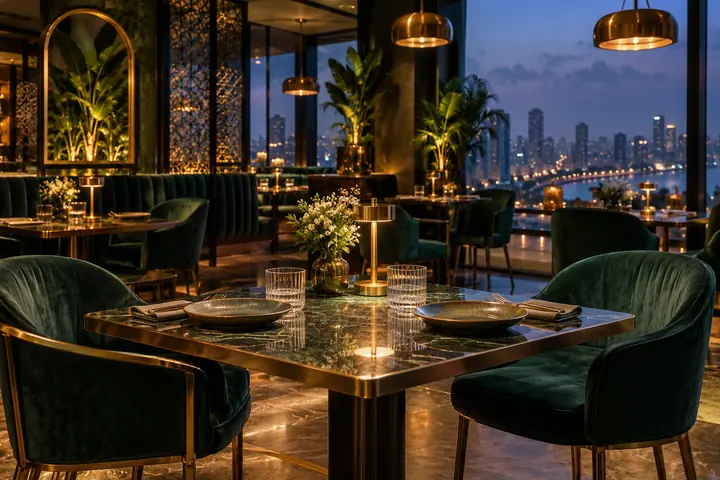 AI-generated public restaurant with a table set for two, an illustrative Mumbai setting