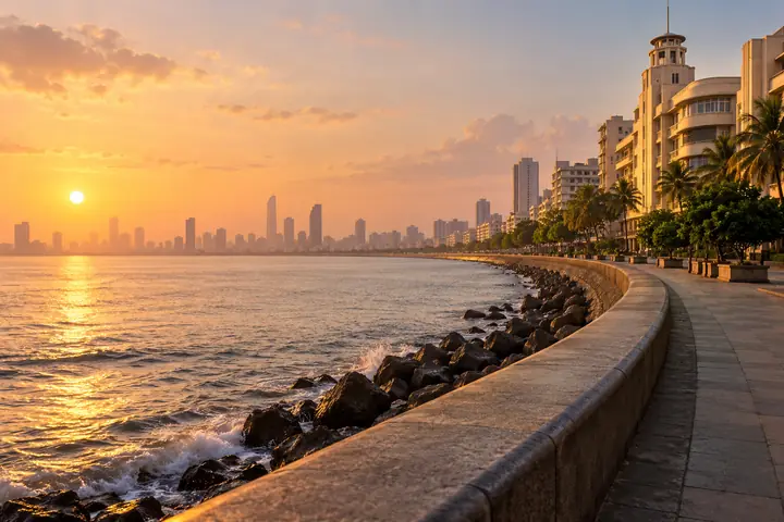 Illustrative Mumbai-inspired coastal promenade with art deco architecture in morning light