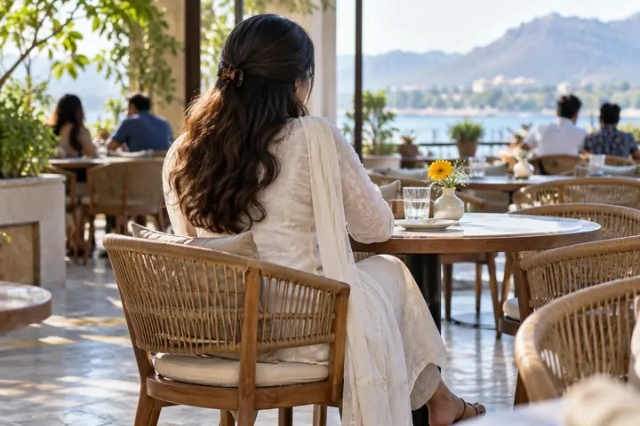 Fictional adult woman viewed from behind: seated from behind in a bright public cafe with woven chairs and a single yellow flower on the table; daylight