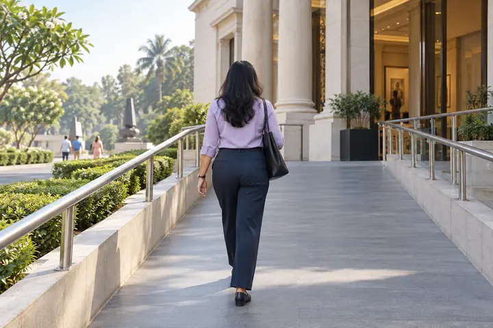 Fictional adult woman viewed from behind: approaching an elegant step-free public gallery entrance with broad ramp and handrail; morning