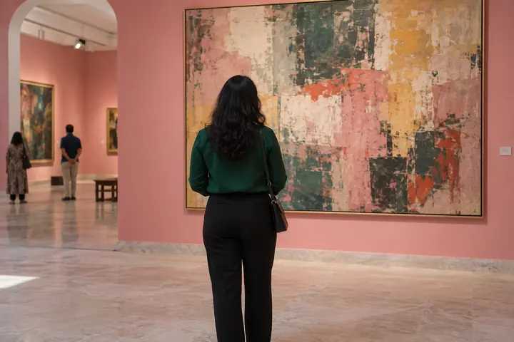 Fictional adult woman viewed from behind: viewing a large abstract painting inside a public art gallery with pink walls; afternoon