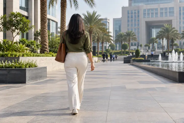 Fictional adult woman viewed from behind: walking through a spacious civic square with landscaped palms and modern public offices; morning