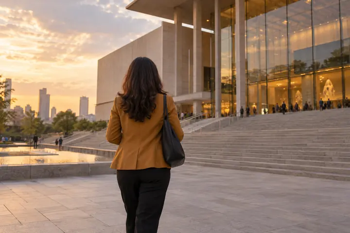 Fictional adult woman viewed from behind: looking toward a modern public cultural building with broad steps and glass; late afternoon
