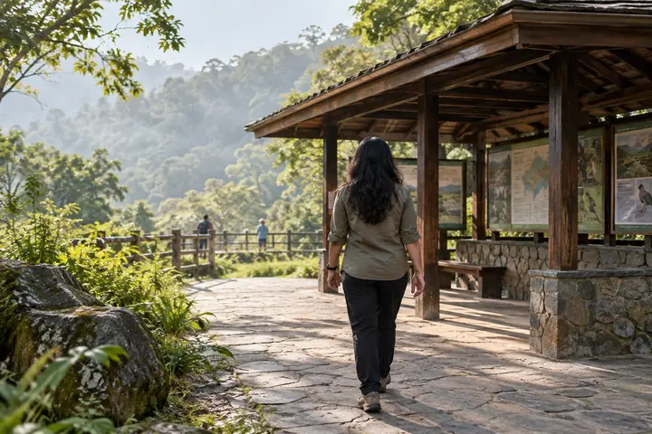 Fictional adult woman viewed from behind: walking beside a public nature information pavilion near lush woodland; early morning