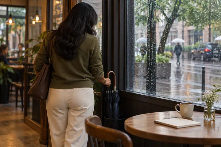 Fictional adult woman viewed from behind: looking at a closed umbrella beside a cafe window with rain outside and blank notebook on table; afternoon