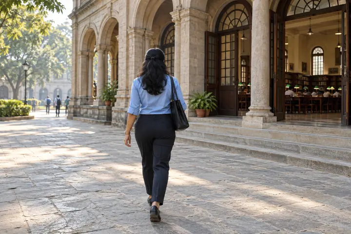 Fictional adult woman viewed from behind: walking outside a public reading room with colonial arches and stone paving; morning