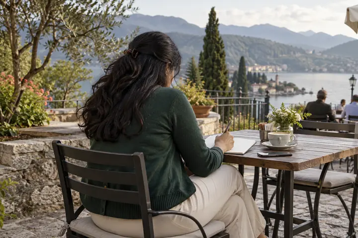 Fictional adult woman viewed from behind: writing a short note in a plain notebook at a cafe terrace; rear shoulder view