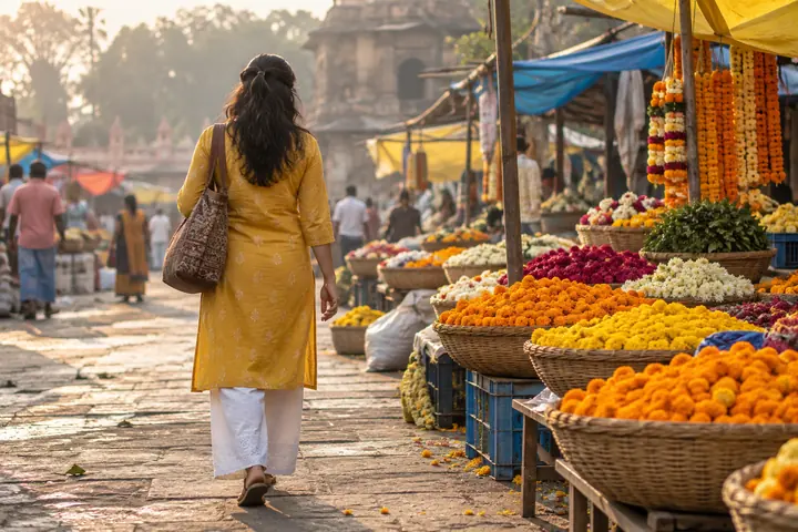 Fictional adult woman viewed from behind: passing a colorful public flower market with marigold baskets; early morning