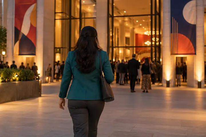 Fictional adult woman viewed from behind: arriving at a public cultural-event foyer with warm lights and abstract posters without writing; evening