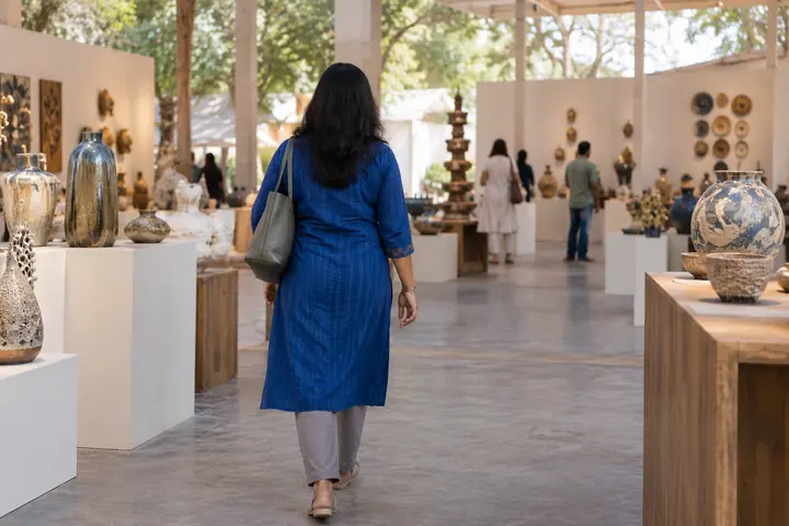 Fictional adult woman viewed from behind: walking into an airy public craft exhibition with ceramic objects; daylight