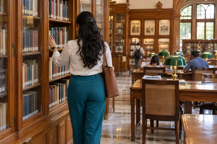 Fictional adult woman viewed from behind: browsing shelves in a public information reading room with warm wooden cabinets; midday