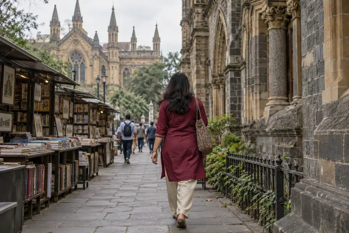 Fictional adult woman viewed from behind: exploring a heritage streetscape with Gothic stone details and street-side book stalls; overcast daylight