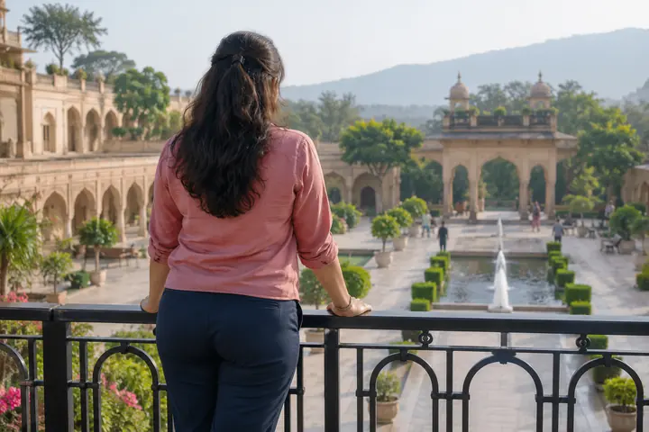 Fictional adult woman viewed from behind: standing behind a black metal railing overlooking an elegant public courtyard; morning