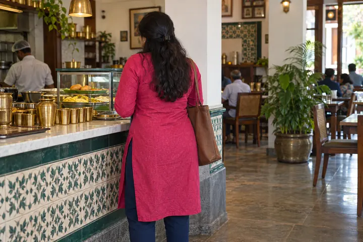 Fictional adult woman viewed from behind: looking at a vegetarian cafe counter from behind with brass cups and tiled walls; midday