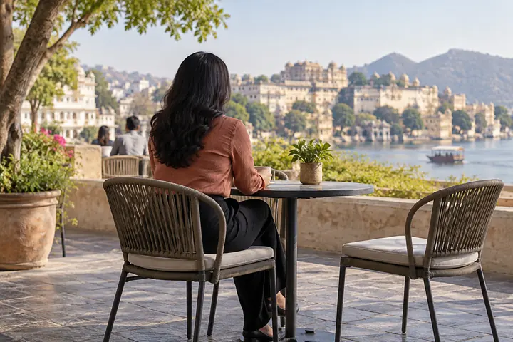 Fictional adult woman viewed from behind: sitting upright at a round public cafe table with two chairs and generous personal space; daylight