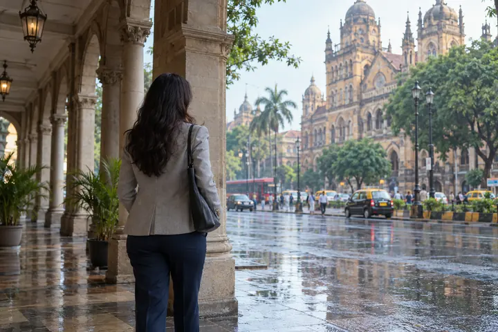Fictional adult woman viewed from behind: pausing beneath an arcade along a public Mumbai-inspired heritage street after rain; morning