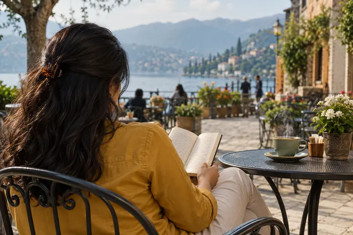 Fictional adult woman viewed from behind: reading an open book beside a steaming tea cup at a public cafe; rear shoulder crop