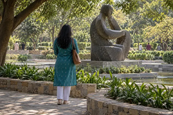 Fictional adult woman viewed from behind: looking at a public garden sculpture from behind under filtered tree shade; afternoon
