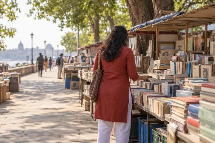 Fictional adult woman viewed from behind: browsing a bright open-air public secondhand book stall; afternoon