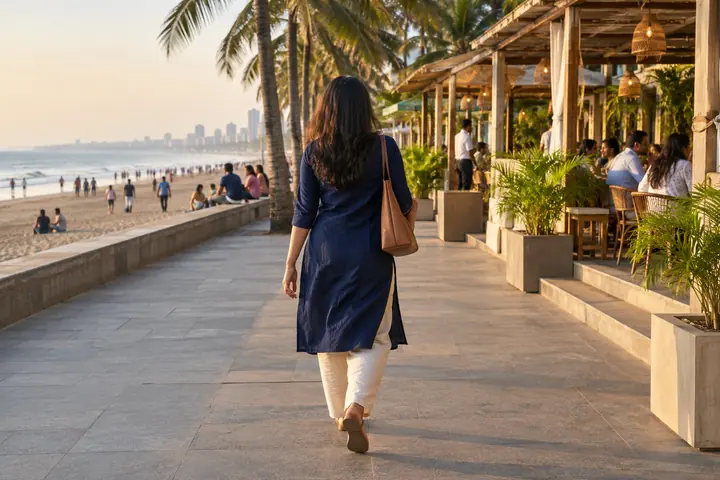 Fictional adult woman viewed from behind: walking along a broad coastal promenade toward a public beachside cafe; afternoon palms