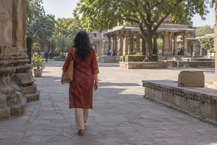 Fictional adult woman viewed from behind: walking toward a public heritage interpretation courtyard with shade; morning