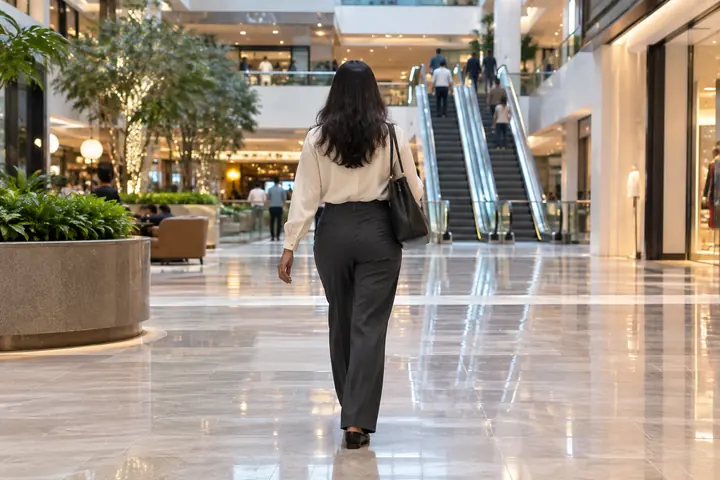 Fictional adult woman viewed from behind: crossing a bright modern public retail atrium with escalators in distance; afternoon