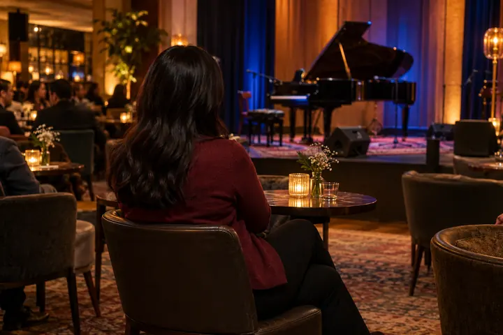 Fictional adult woman viewed from behind: seated from behind in an intimate public listening venue facing an empty stage with a jazz piano; warm evening