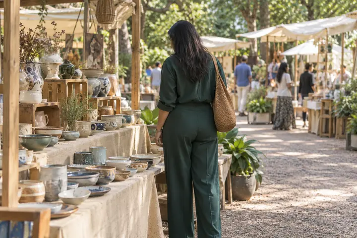 Fictional adult woman viewed from behind: browsing a public independent design market with handmade ceramics; soft daylight