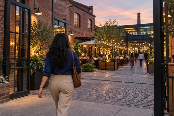 Fictional adult woman viewed from behind: entering a converted industrial district public dining courtyard with red brick walls; dusk