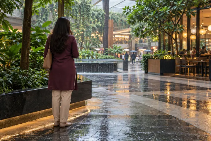 Fictional adult woman viewed from behind: standing by a leafy sheltered mall atrium with a cafe; rainy afternoon