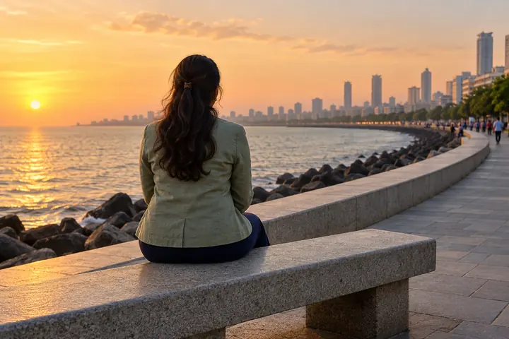 Fictional adult woman viewed from behind: sitting upright on a broad sea-facing promenade bench with sweeping coastal curve; golden hour