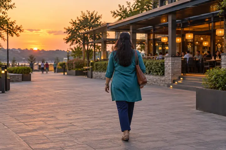 Fictional adult woman viewed from behind: walking on a suburban civic plaza toward a casual public restaurant; sunset