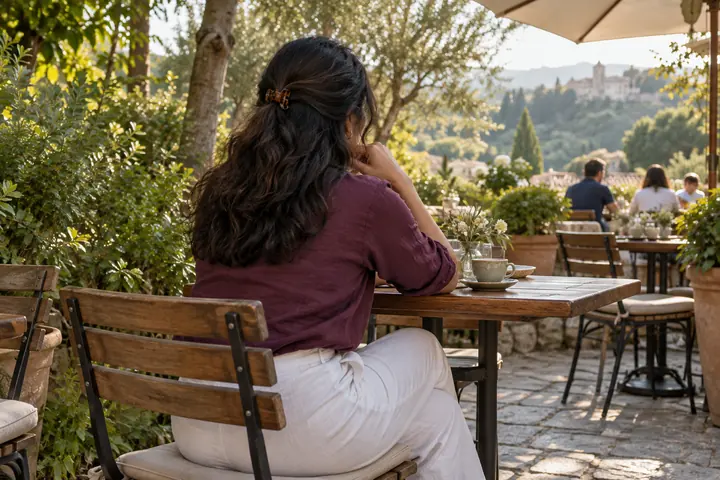 Fictional adult woman viewed from behind: seated at a leafy suburban outdoor cafe with wooden chairs; late afternoon