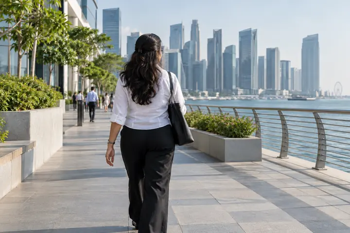 Fictional adult woman viewed from behind: walking beside a modern seafront business-district public plaza; crisp morning