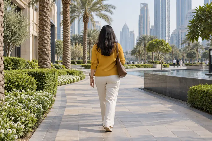 Fictional adult woman viewed from behind: strolling on a planned-city public garden path between palms and modern architecture; midday