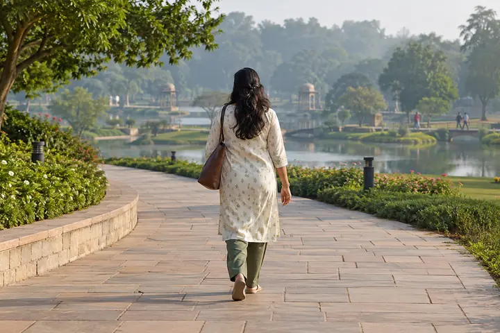 Fictional adult woman viewed from behind: walking on a broad landscaped public park path with ponds in the distance; morning