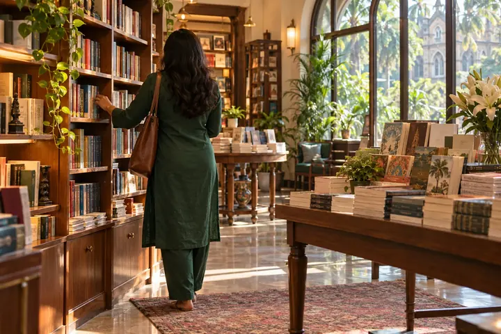 Illustrative public outing with a fictional adult woman viewed from behind