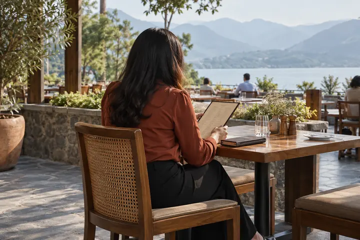 Fictional adult woman viewed from behind: reviewing an unmarked menu and a closed notebook on a public restaurant table; afternoon
