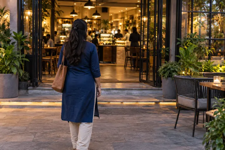Fictional adult woman viewed from behind: standing at a well-lit public cafe entrance with clear wide doorway and staff silhouettes inside; early evening