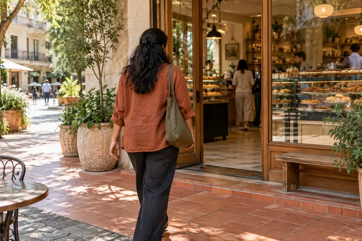 Fictional adult woman viewed from behind: arriving at a bright neighborhood bakery with terracotta tiles; morning