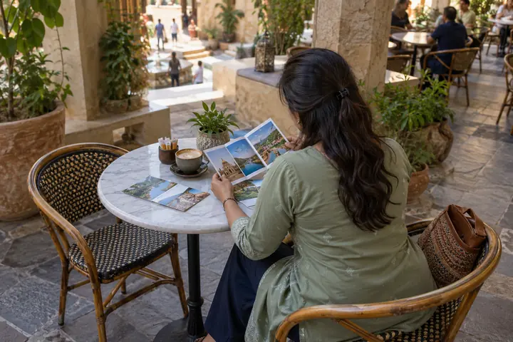 Fictional adult woman viewed from behind: looking at public cultural brochures without readable text on a cafe table; overhead rear three-quarter angle