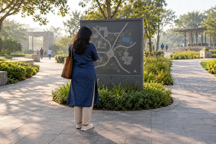 Fictional adult woman viewed from behind: studying an abstract unlabelled wayfinding map at a public plaza with paths diverging; morning
