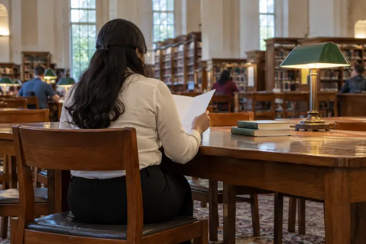 Fictional adult woman viewed from behind: reading a plain folded sheet at a quiet staffed public library table; rear view