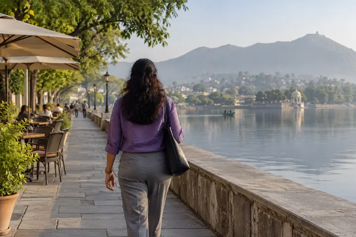 Fictional adult woman viewed from behind: beside a broad public lakeside walkway with a shaded cafe; early morning