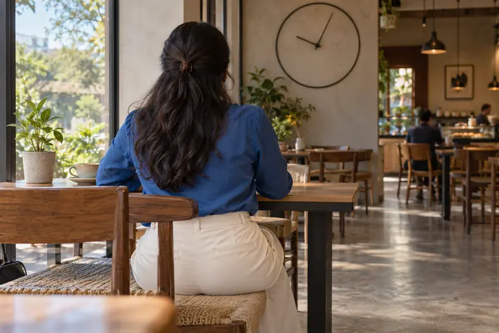Fictional adult woman viewed from behind: seated from behind near a cafe wall clock with simple unnumbered hands; morning