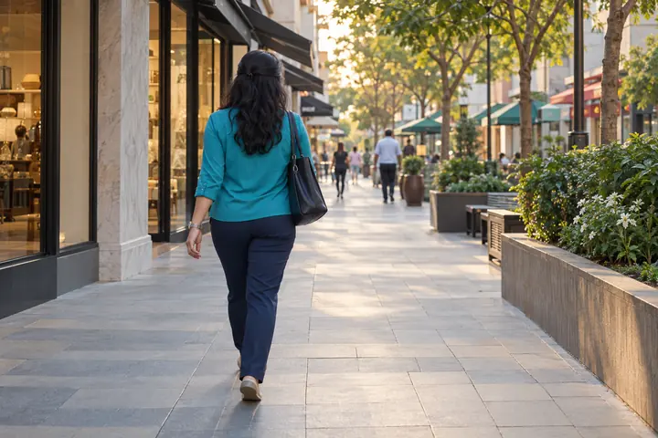 Fictional adult woman viewed from behind: walking on a planned-city public shopping promenade with trees and awnings; late afternoon