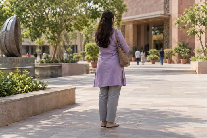 Fictional adult woman viewed from behind: waiting near a neighborhood cultural center courtyard with a broad pedestrian path; afternoon