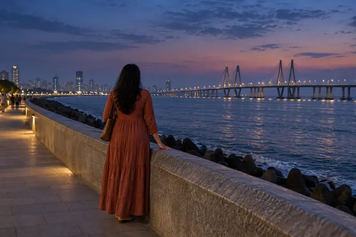 Fictional adult woman viewed from behind: viewing distant coastal bridge from broad public waterfront walkway; blue hour